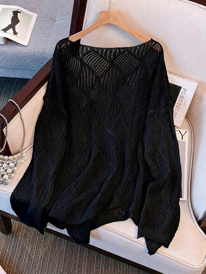 Plus Size Women Loose Knit Cover Up, V-Neck Hollow Rhombus Design, Lightweight Breathable Cover Up For Beach & Holiday Vacation Black Summer