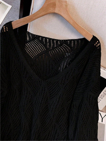 Plus Size Women Loose Knit Cover Up, V-Neck Hollow Rhombus Design, Lightweight Breathable Cover Up For Beach & Holiday Vacation Black Summer