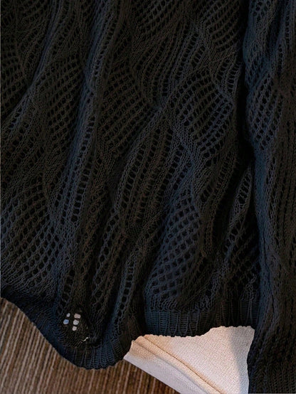 Plus Size Women Loose Knit Cover Up, V-Neck Hollow Rhombus Design, Lightweight Breathable Cover Up For Beach & Holiday Vacation Black Summer