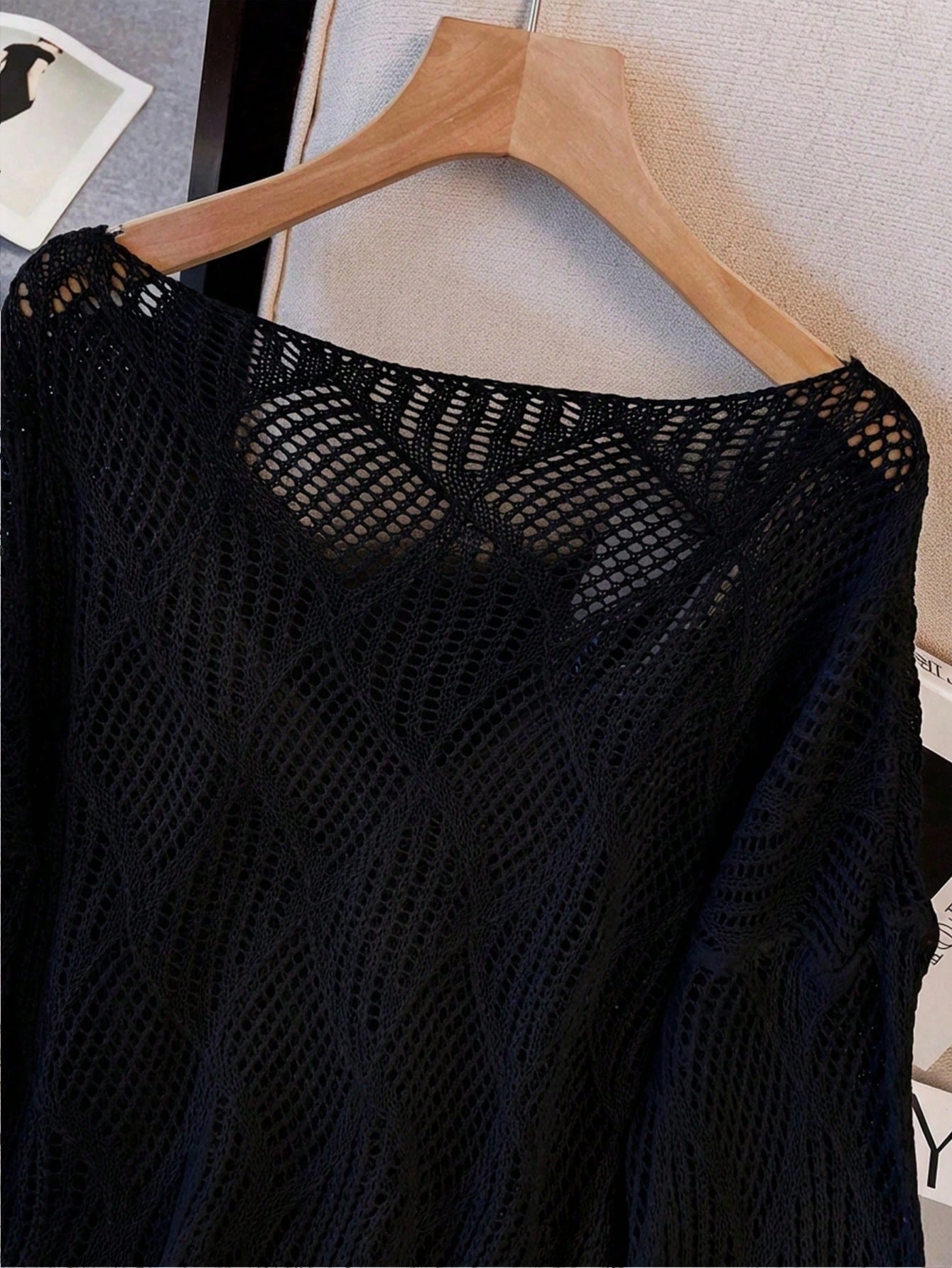 Plus Size Women Loose Knit Cover Up, V-Neck Hollow Rhombus Design, Lightweight Breathable Cover Up For Beach & Holiday Vacation Black Summer