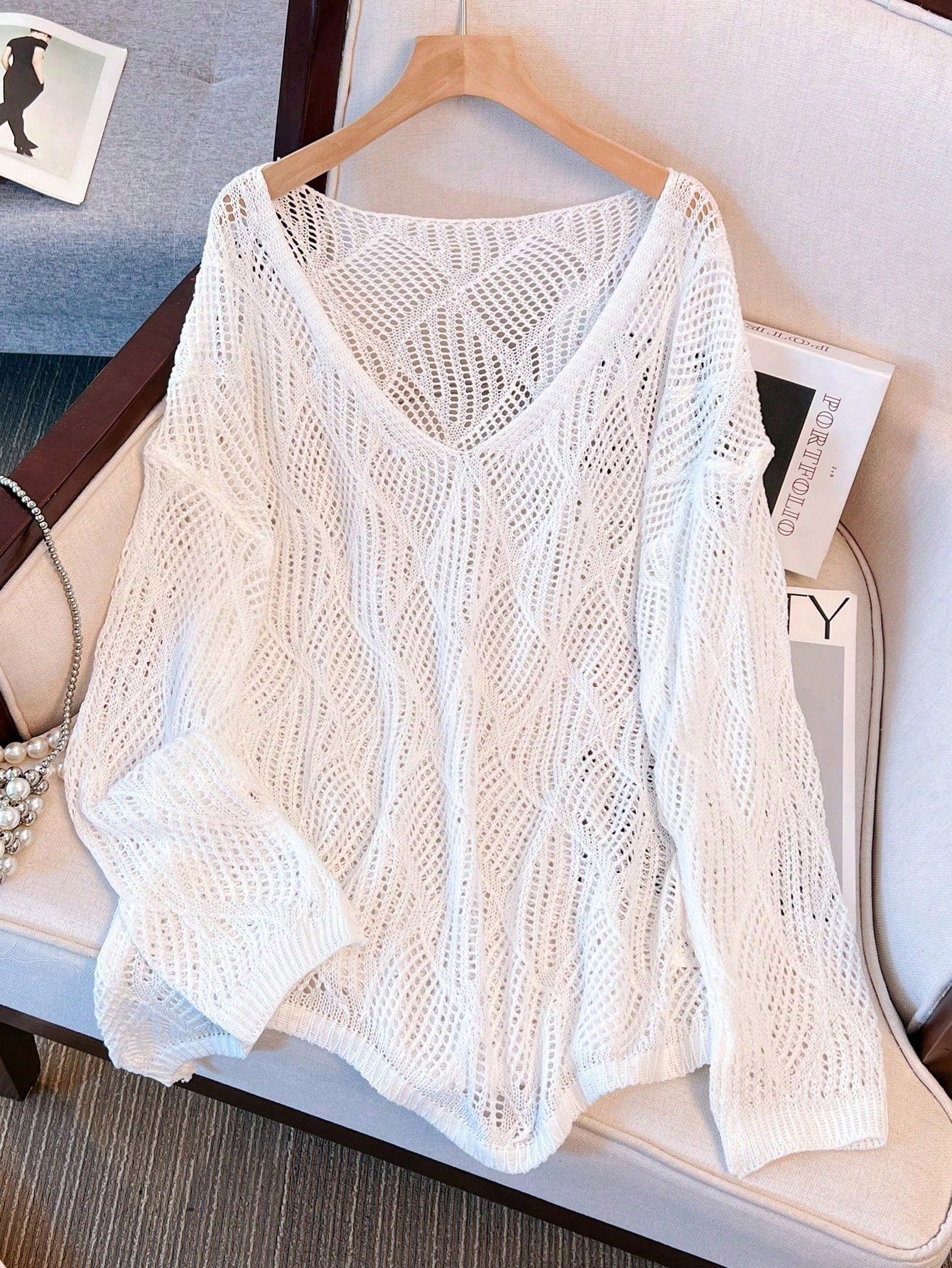 Plus Size Women Loose Knit Cover Up, V-Neck Hollow Rhombus Design, Lightweight Breathable Cover Up For Beach & Holiday Vacation Black Summer