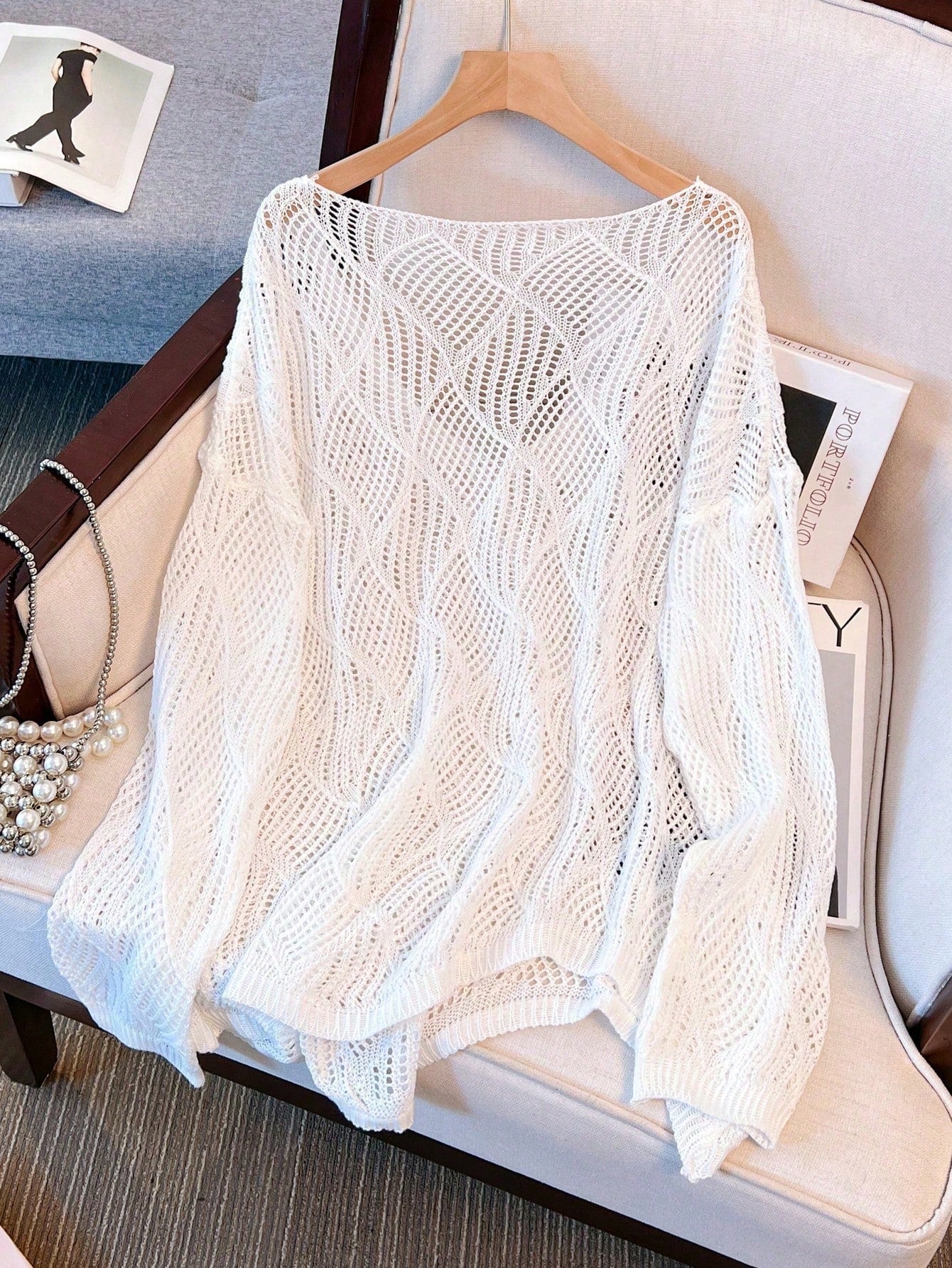 Plus Size Women Loose Knit Cover Up, V-Neck Hollow Rhombus Design, Lightweight Breathable Cover Up For Beach & Holiday Vacation Black Summer