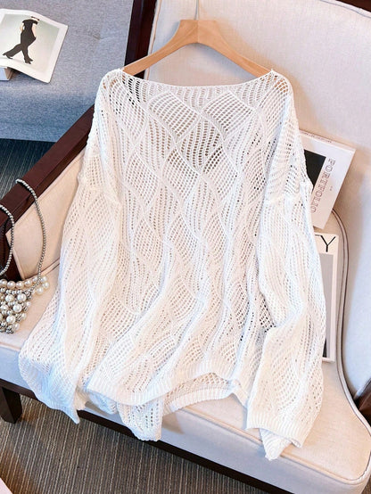 Plus Size Women Loose Knit Cover Up, V-Neck Hollow Rhombus Design, Lightweight Breathable Cover Up For Beach & Holiday Vacation Black Summer