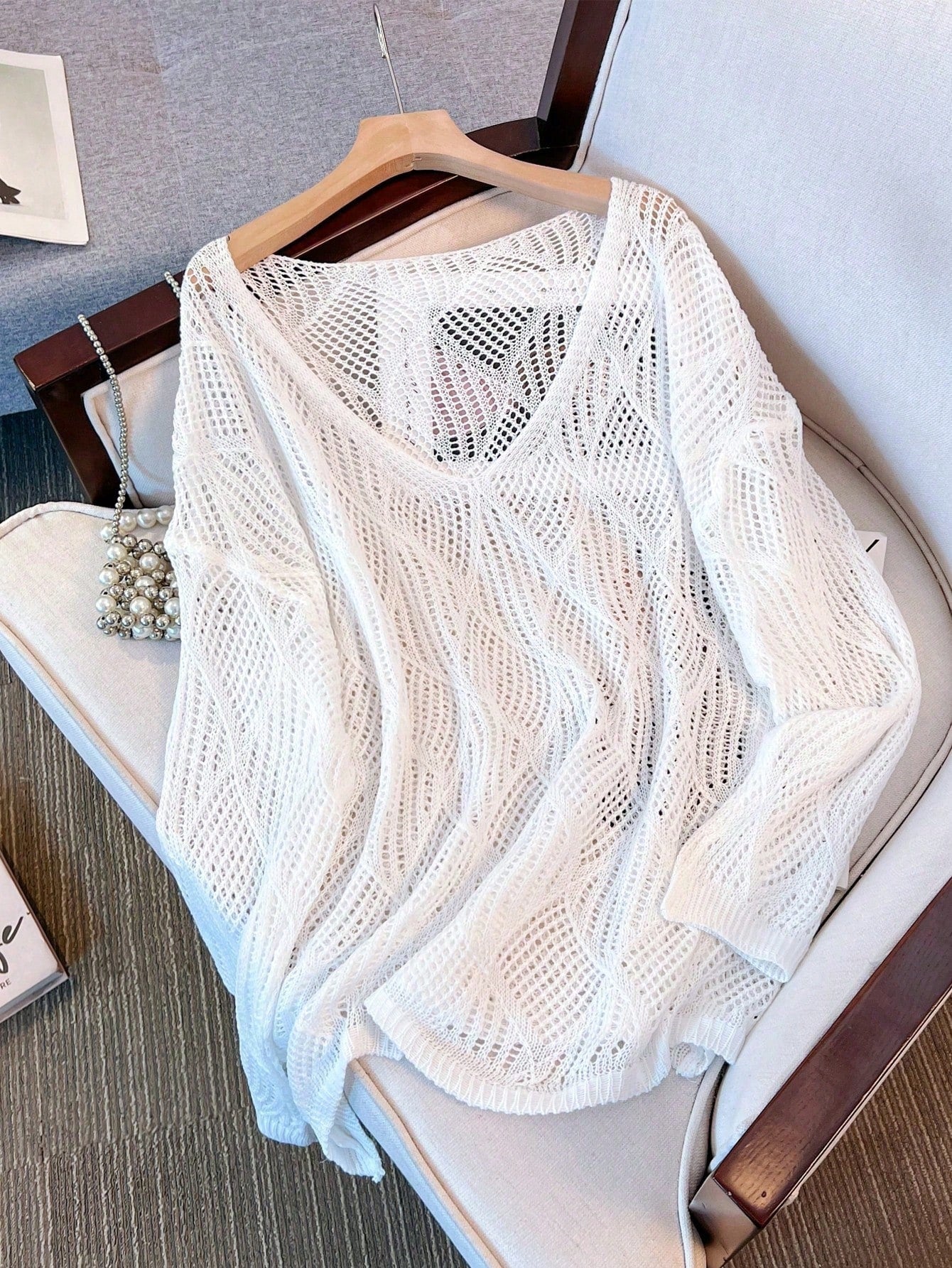 Plus Size Women Loose Knit Cover Up, V-Neck Hollow Rhombus Design, Lightweight Breathable Cover Up For Beach & Holiday Vacation Black Summer