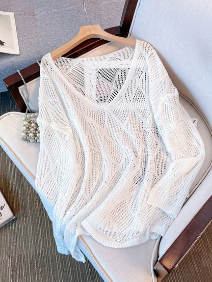 Plus Size Women Loose Knit Cover Up, V-Neck Hollow Rhombus Design, Lightweight Breathable Cover Up For Beach & Holiday Vacation Black Summer