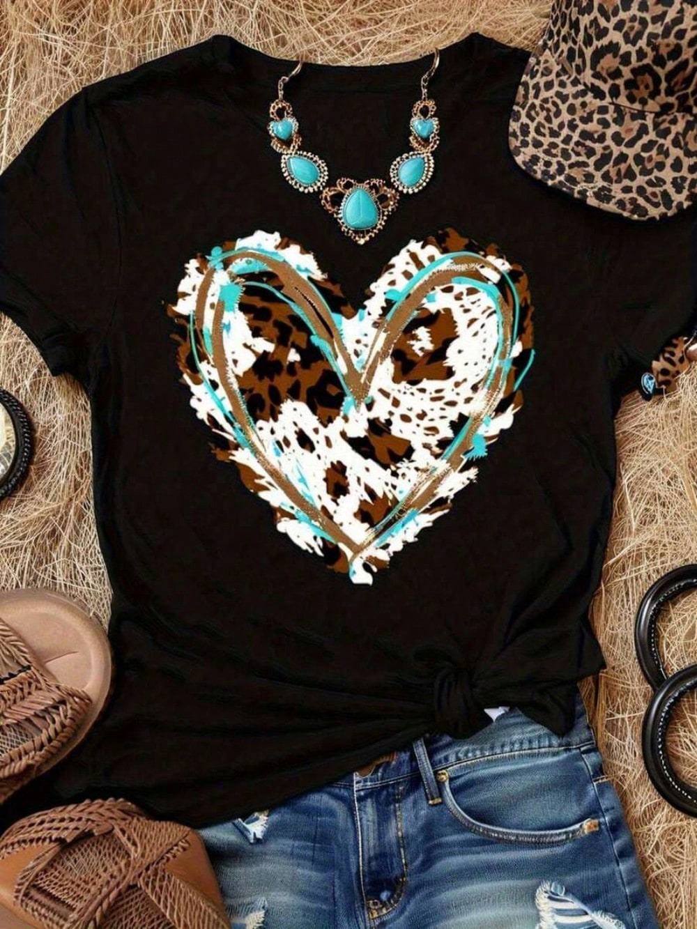 Plus Size Women's Adventure Graphic Tee- Turquoise & Leopard Print Heart Design, Machine Washable Casual Top For Spring Summer Fall, Ladies T Shirts