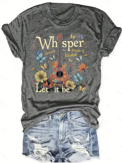 Plus-Size Women's Floral Guitar Print-Shirt, Lightweight And Breathable Summer-Shirt With A Quote Of Whispering Love, Round Neck, Short-Sleeved Casual Top, Outdoor Holiday MTRT