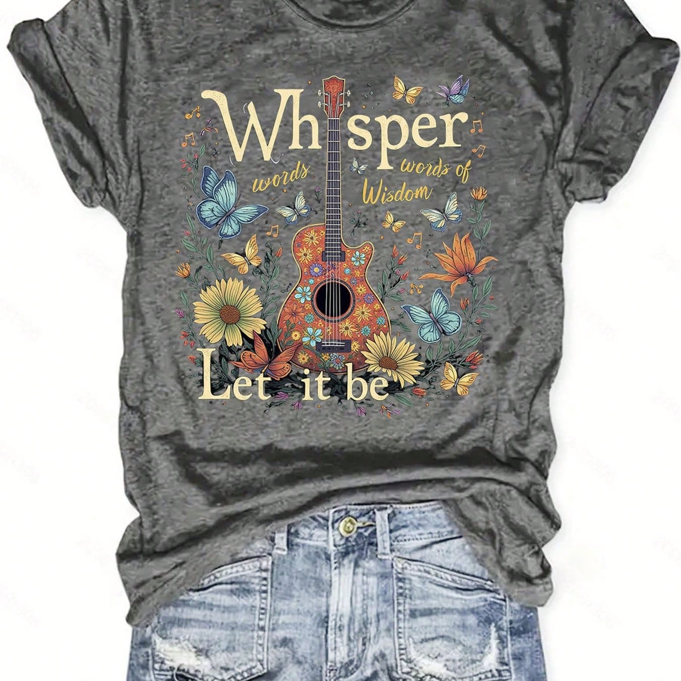 Plus-Size Women's Floral Guitar Print-Shirt, Lightweight And Breathable Summer-Shirt With A Quote Of Whispering Love, Round Neck, Short-Sleeved Casual Top, Outdoor Holiday MTRT