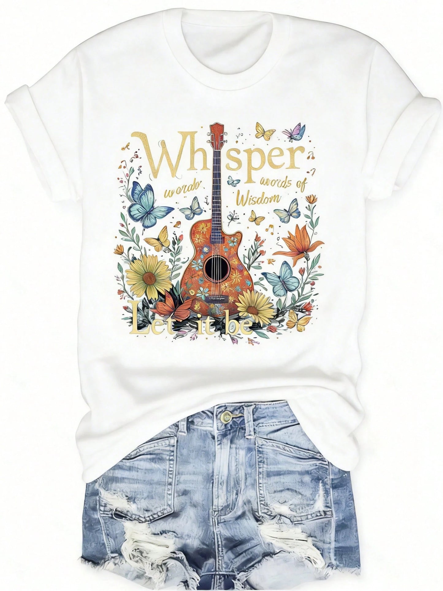 Plus-Size Women's Floral Guitar Print-Shirt, Lightweight And Breathable Summer-Shirt With A Quote Of Whispering Love, Round Neck, Short-Sleeved Casual Top, Outdoor Holiday MTRT