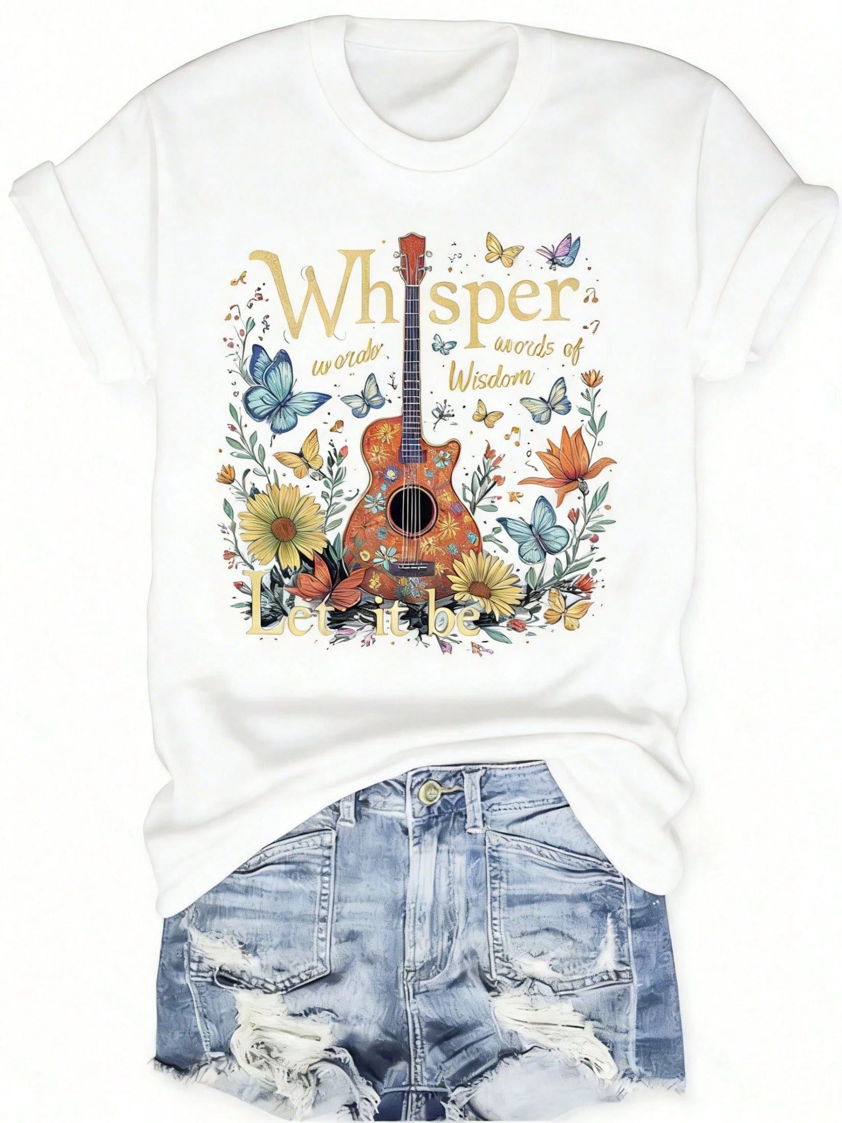 Plus-Size Women's Floral Guitar Print-Shirt, Lightweight And Breathable Summer-Shirt With A Quote Of Whispering Love, Round Neck, Short-Sleeved Casual Top, Outdoor Holiday MTRT