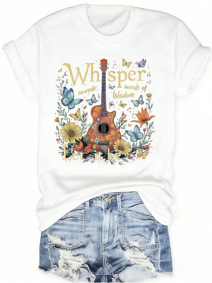 Plus-Size Women's Floral Guitar Print-Shirt, Lightweight And Breathable Summer-Shirt With A Quote Of Whispering Love, Round Neck, Short-Sleeved Casual Top, Outdoor Holiday MTRT