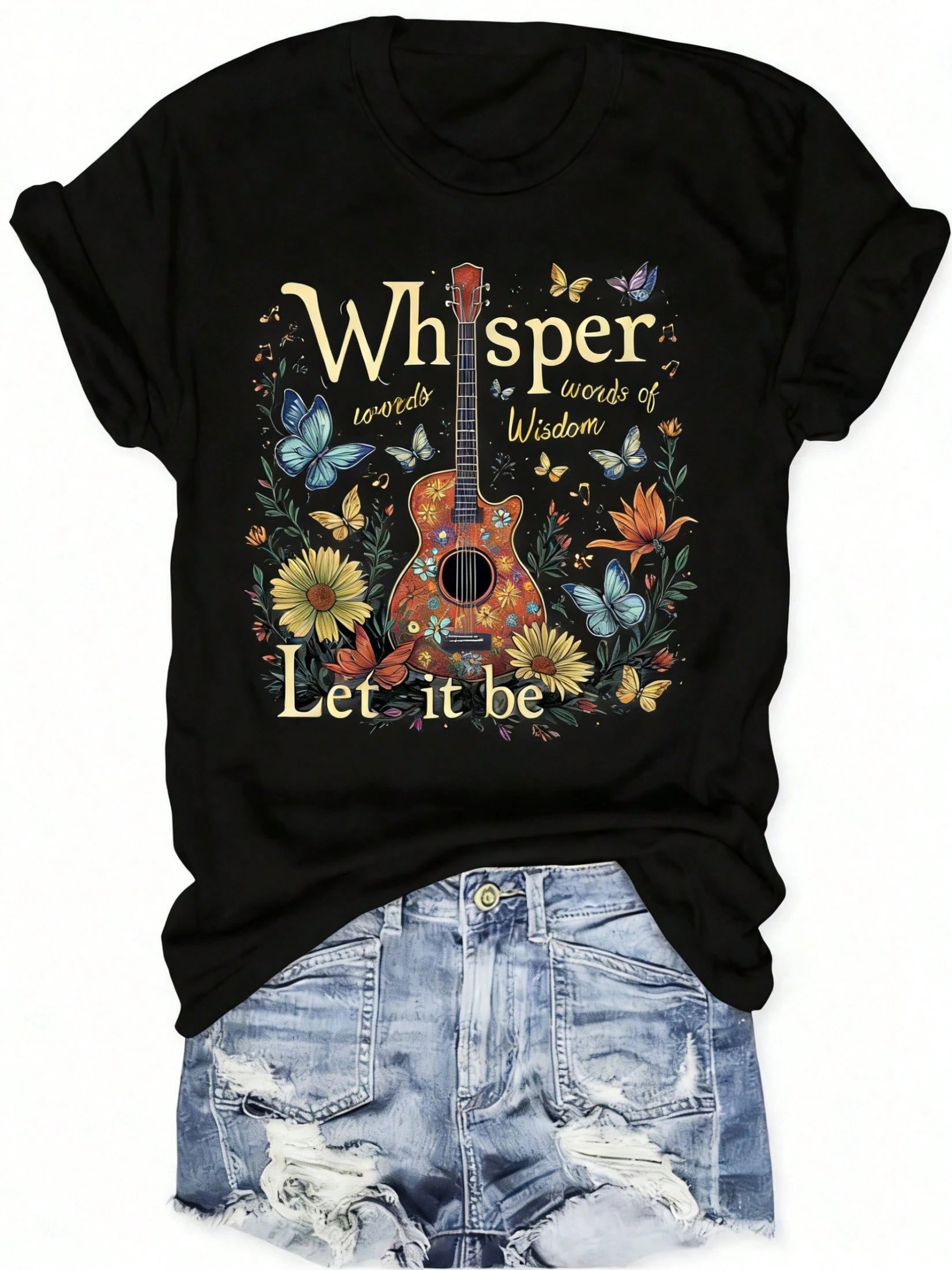 Plus-Size Women's Floral Guitar Print-Shirt, Lightweight And Breathable Summer-Shirt With A Quote Of Whispering Love, Round Neck, Short-Sleeved Casual Top, Outdoor Holiday MTRT