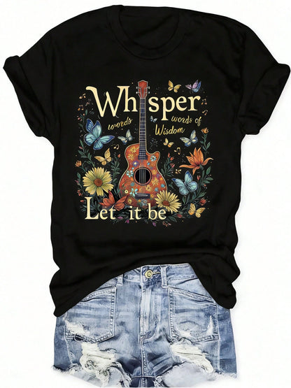 Plus-Size Women's Floral Guitar Print-Shirt, Lightweight And Breathable Summer-Shirt With A Quote Of Whispering Love, Round Neck, Short-Sleeved Casual Top, Outdoor Holiday MTRT