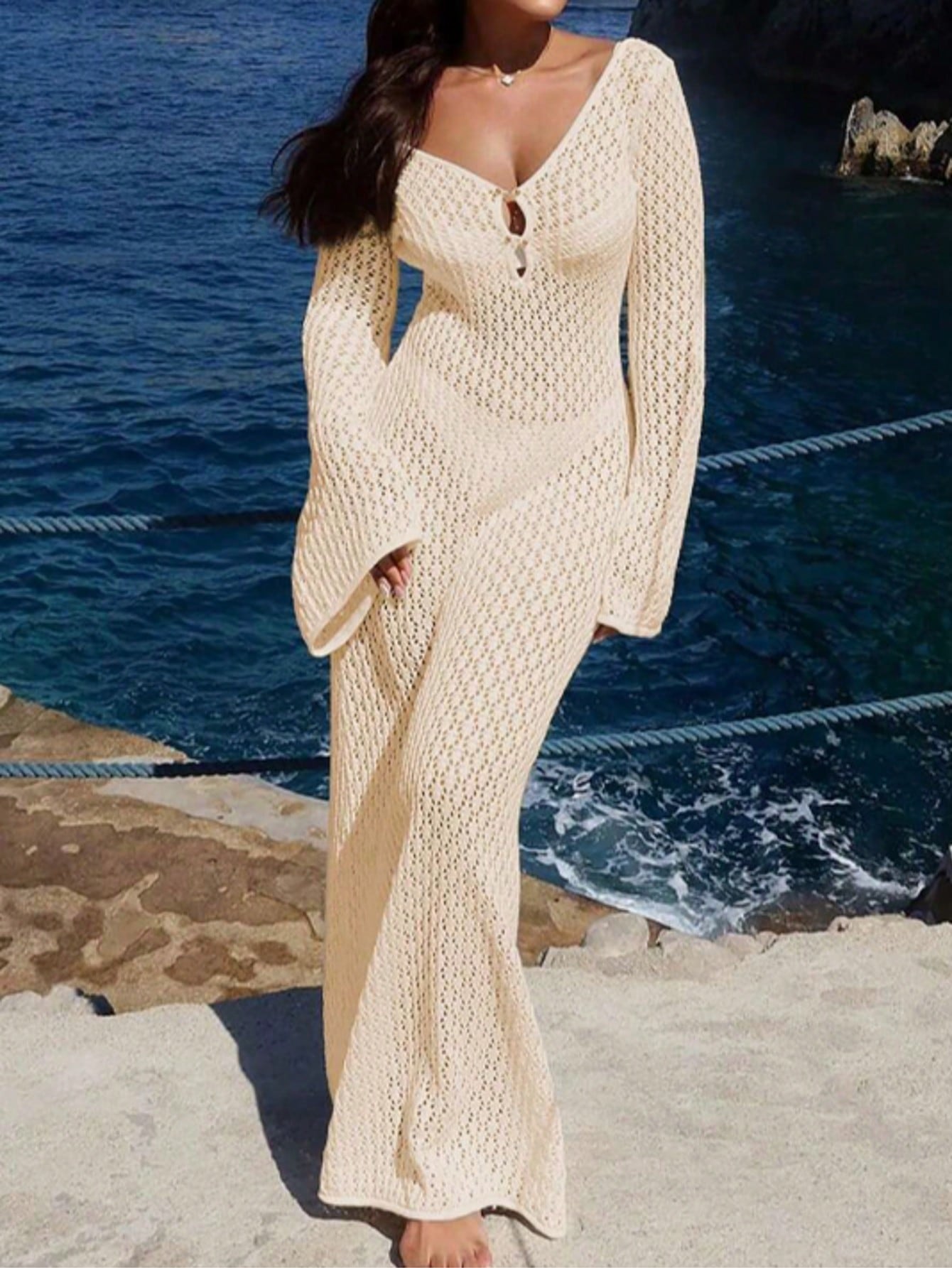 Plus Size Women's Long Sleeve Hollow Out Swimsuit Cover-Up, Elegant Bohemian Beach Vacation Style V-Neck Dress, White Summer