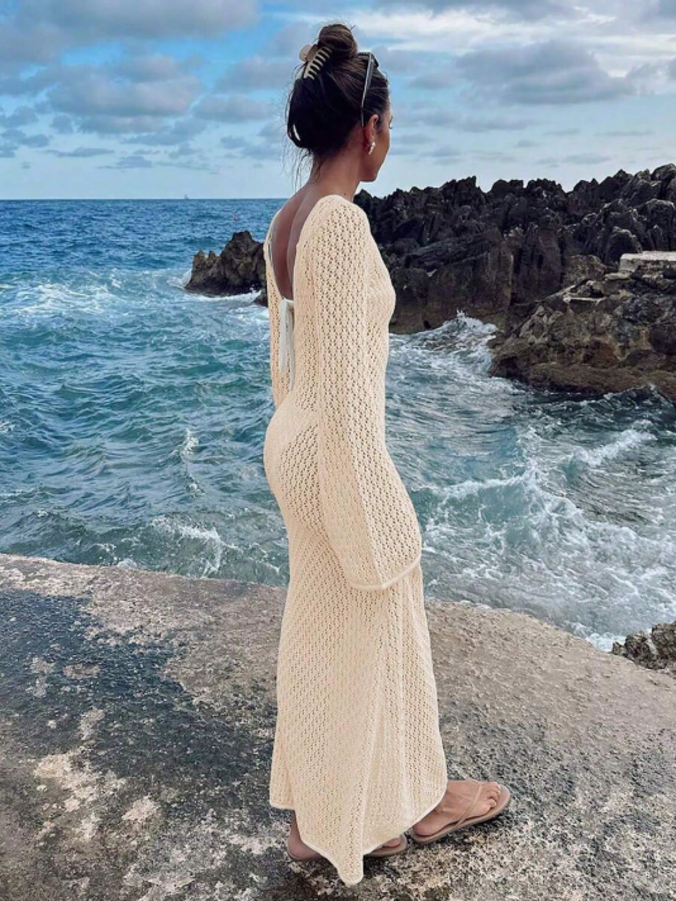 Plus Size Women's Long Sleeve Hollow Out Swimsuit Cover-Up, Elegant Bohemian Beach Vacation Style V-Neck Dress, White Summer