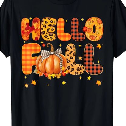 Plus Size Women's Printed T-Shirt- Black Pumpkin Leopard Print, Soft And Breathable Cotton Crew Neck- Autumn Halloween Thanksgiving Casual Wear