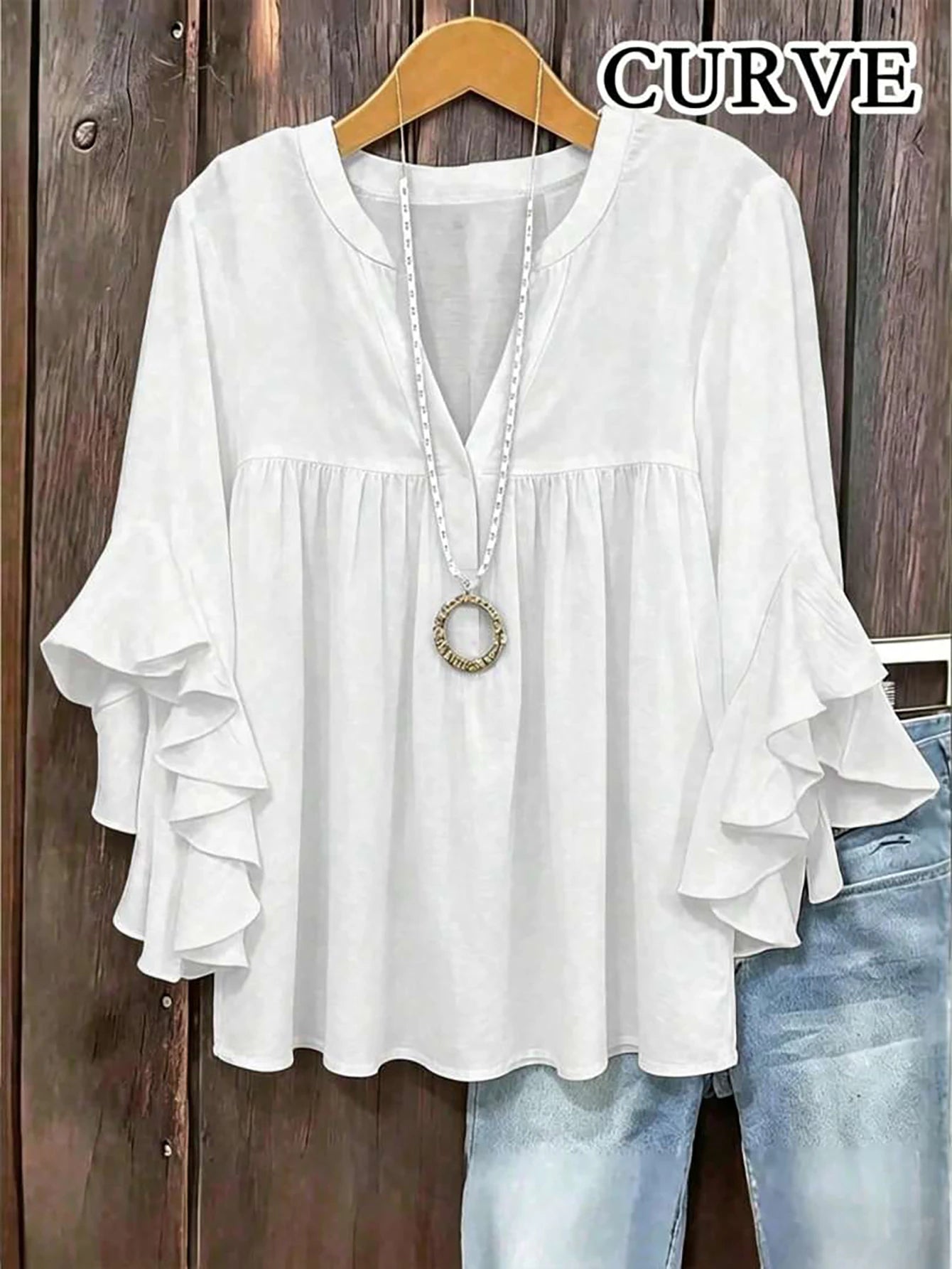 Plus Size Women's Solid Color Ruffle Sleeve V-Neck Blouse White