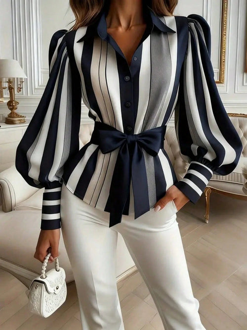Plus Size Women's Striped Long Sleeve Puff Sleeve Shirt With Shirt Collar Spring