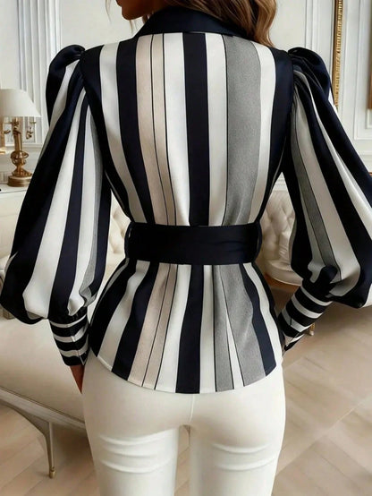 Plus Size Women's Striped Long Sleeve Puff Sleeve Shirt With Shirt Collar Spring