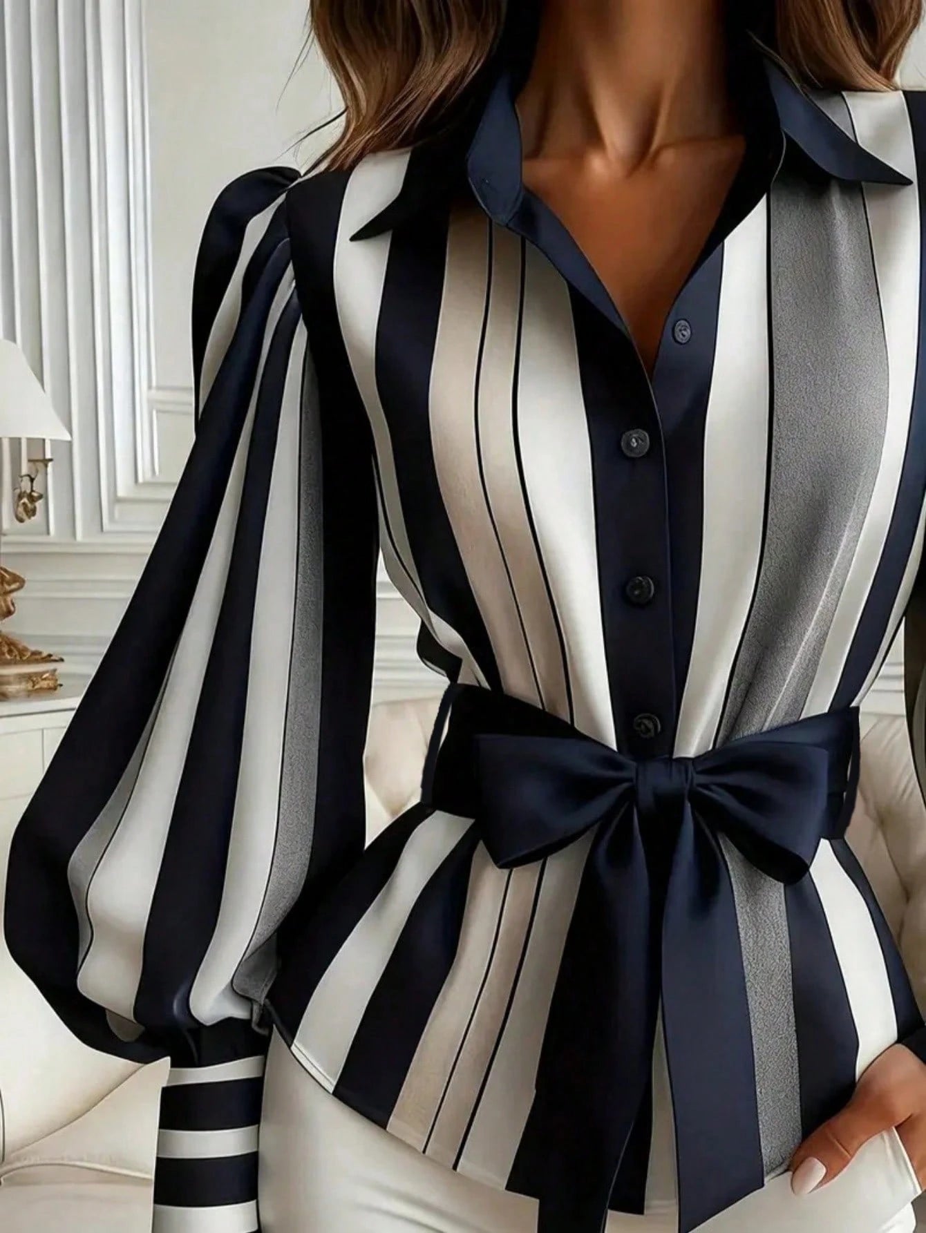 Plus Size Women's Striped Long Sleeve Puff Sleeve Shirt With Shirt Collar Spring