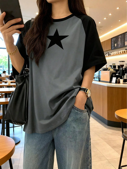 Plus Size Women's Summer Vacation Fashion Casual, Millennial, And Street Style. Loose-Fit Knit T-Shirt With Star Print. Graduation