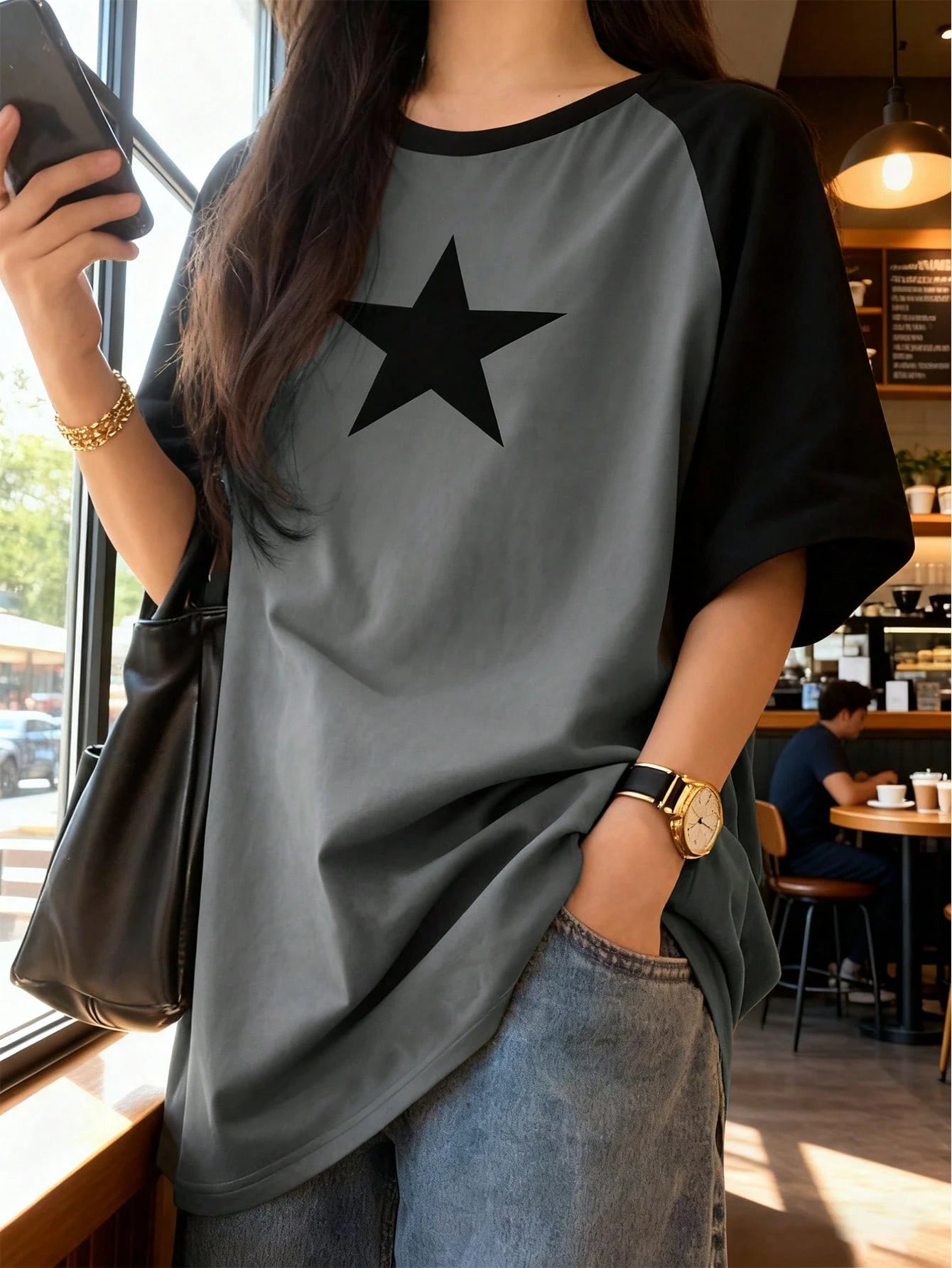 Plus Size Women's Summer Vacation Fashion Casual, Millennial, And Street Style. Loose-Fit Knit T-Shirt With Star Print. Graduation