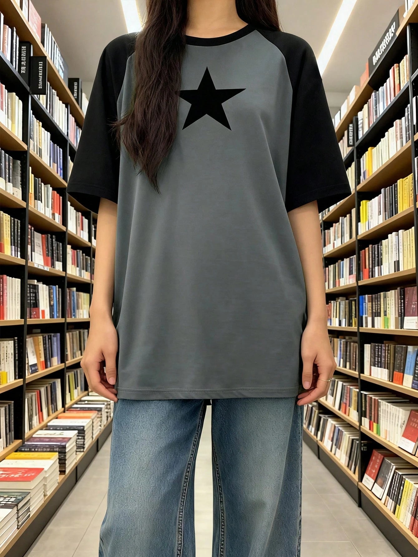 Plus Size Women's Summer Vacation Fashion Casual, Millennial, And Street Style. Loose-Fit Knit T-Shirt With Star Print. Graduation