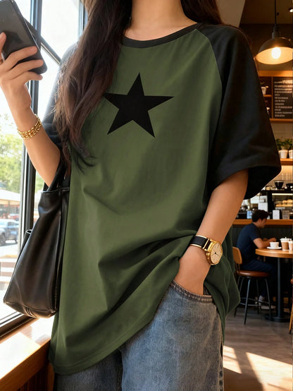 Plus Size Women's Summer Vacation Fashion Casual, Millennial, And Street Style. Loose-Fit Knit T-Shirt With Star Print. Graduation