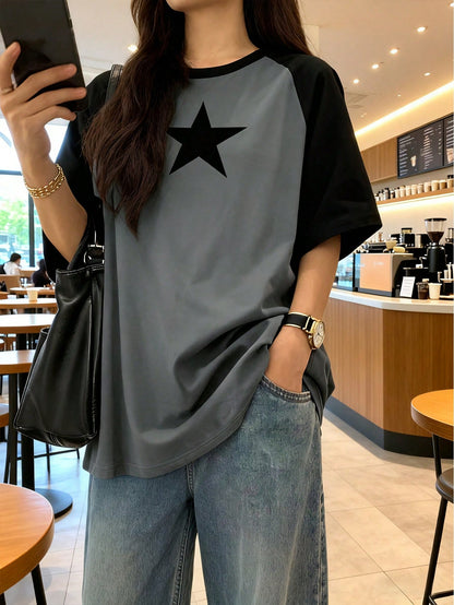 Plus Size Women's Summer Vacation Fashion Casual, Millennial, And Street Style. Loose-Fit Knit T-Shirt With Star Print. Graduation