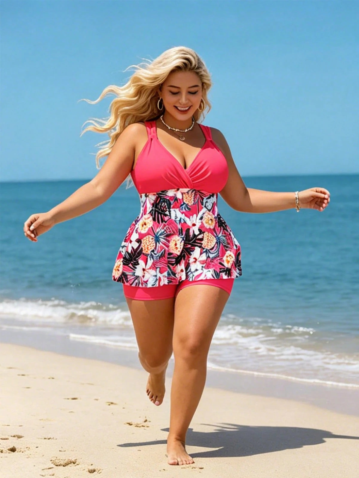 Plus Size Women's Tankini Swimsuit XL‑5XL,Two‑Piece Bathing Suit,V‑Neck Tummy Control Beach Outfit,Stylish Pool Party Outfit For Women