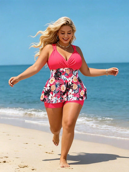 Plus Size Women's Tankini Swimsuit XL‑5XL,Two‑Piece Bathing Suit,V‑Neck Tummy Control Beach Outfit,Stylish Pool Party Outfit For Women