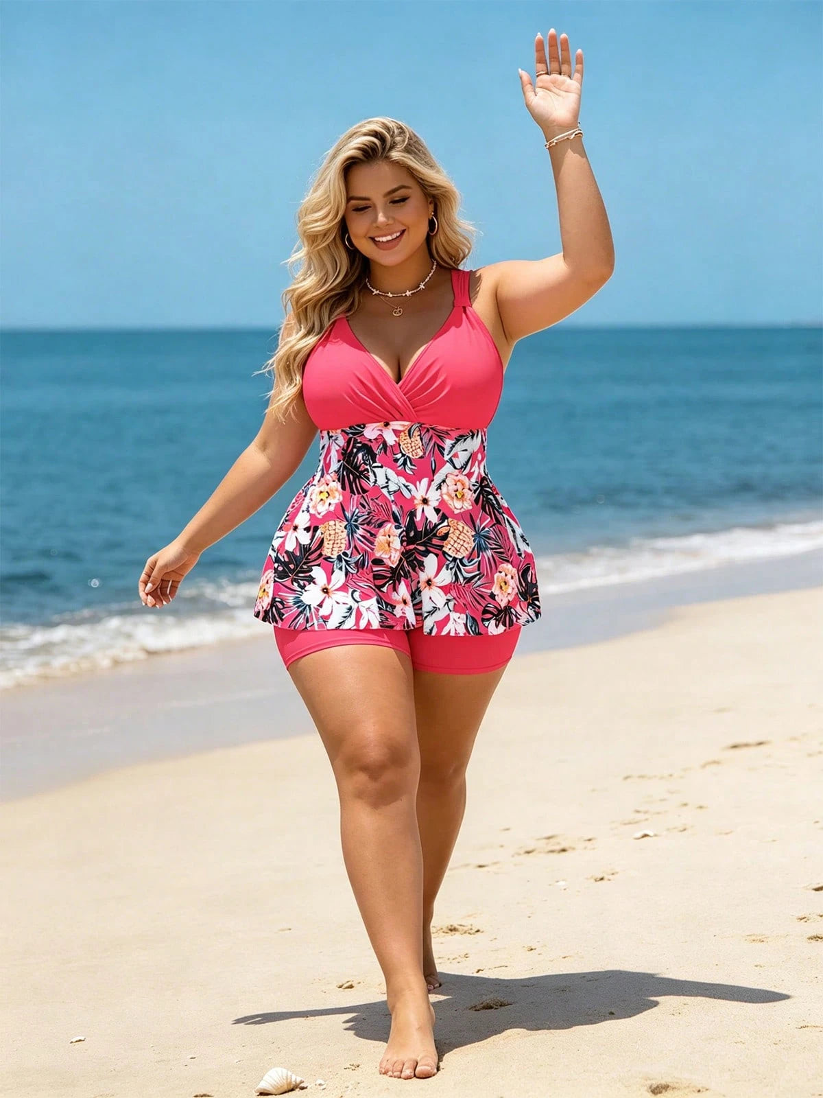 Plus Size Women's Tankini Swimsuit XL‑5XL,Two‑Piece Bathing Suit,V‑Neck Tummy Control Beach Outfit,Stylish Pool Party Outfit For Women