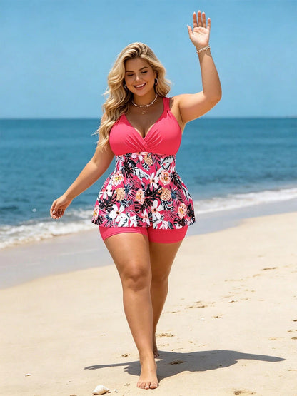 Plus Size Women's Tankini Swimsuit XL‑5XL,Two‑Piece Bathing Suit,V‑Neck Tummy Control Beach Outfit,Stylish Pool Party Outfit For Women