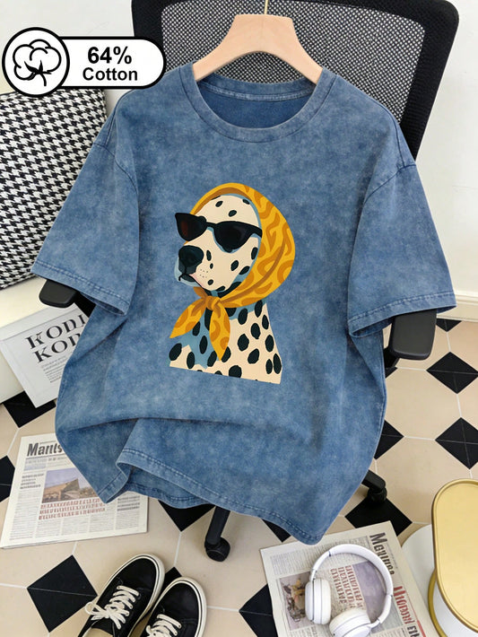 Plus Size Women's Vintage Washed Snowflake T-Shirt, Spotted Dog Print Wearing Fashion Glasses And A Headscarf, Summer Top. Casual