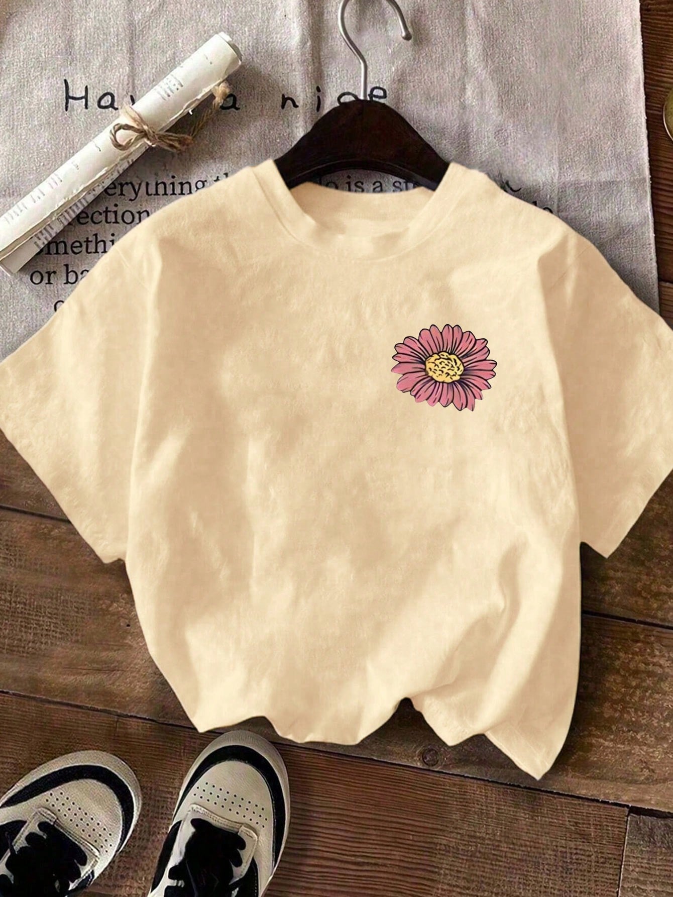 Plus Size Women Slogan & Floral Print Casual Short Sleeve Round Neck T-Shirt Summer