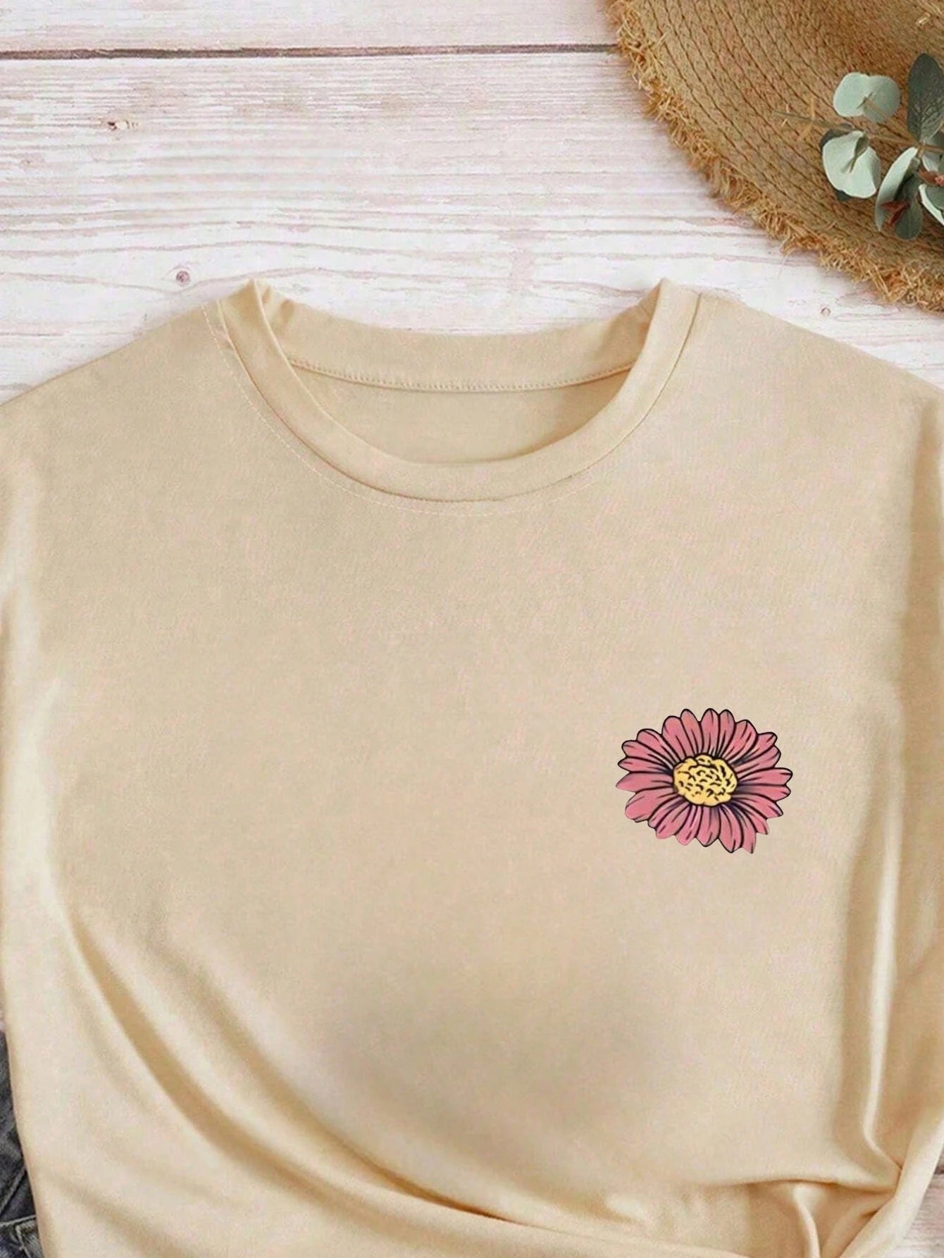 Plus Size Women Slogan & Floral Print Casual Short Sleeve Round Neck T-Shirt Summer