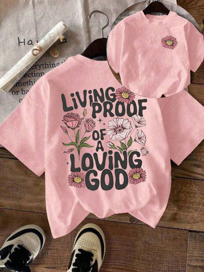 Plus Size Women Slogan & Floral Print Casual Short Sleeve Round Neck T-Shirt Summer
