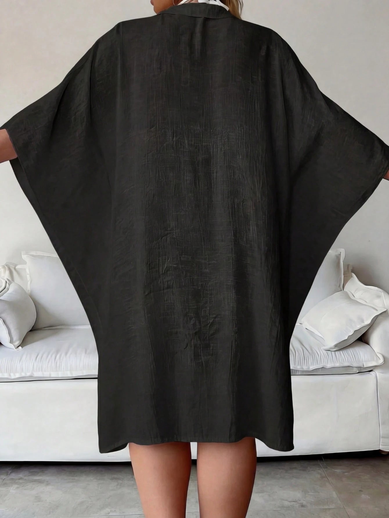 Plus Size Women Summer Black Batwing 3/4 Sleeve Shirt, Blouse, Single-Breasted Shirt, Solid Color Jacket, Comfortable Ultra-Thin Breathable; Party Dress, Women Easter Blouse, Beach Holiday Wear Summer