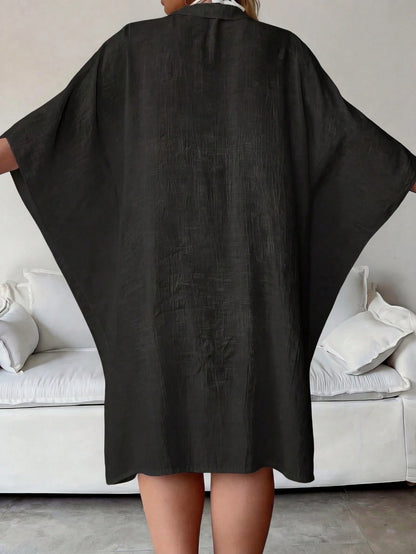 Plus Size Women Summer Black Batwing 3/4 Sleeve Shirt, Blouse, Single-Breasted Shirt, Solid Color Jacket, Comfortable Ultra-Thin Breathable; Party Dress, Women Easter Blouse, Beach Holiday Wear Summer