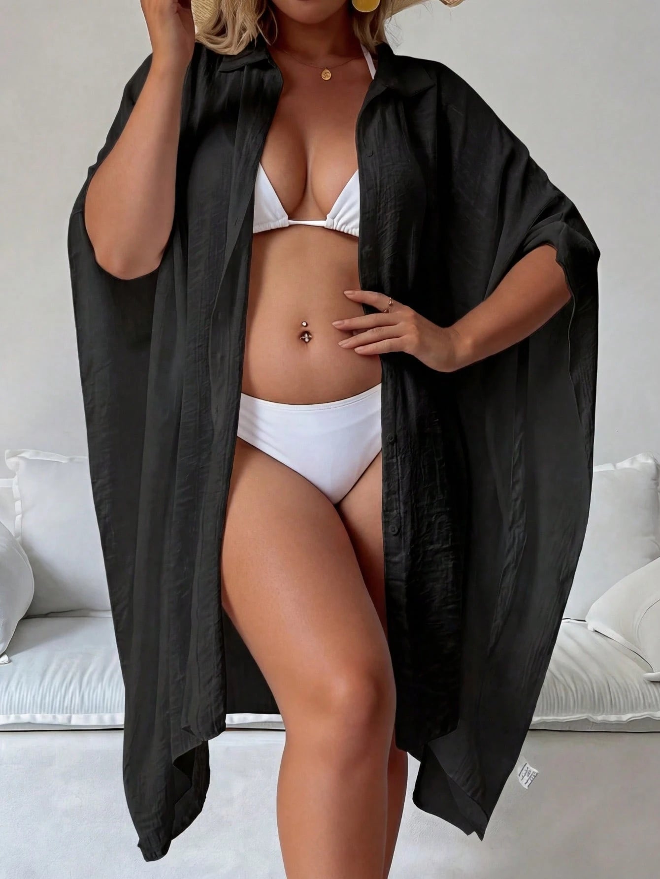 Plus Size Women Summer Black Batwing 3/4 Sleeve Shirt, Blouse, Single-Breasted Shirt, Solid Color Jacket, Comfortable Ultra-Thin Breathable; Party Dress, Women Easter Blouse, Beach Holiday Wear Summer