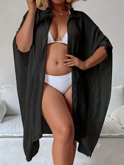 Plus Size Women Summer Black Batwing 3/4 Sleeve Shirt, Blouse, Single-Breasted Shirt, Solid Color Jacket, Comfortable Ultra-Thin Breathable; Party Dress, Women Easter Blouse, Beach Holiday Wear Summer