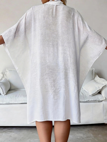 Plus Size Women Summer Black Batwing 3/4 Sleeve Shirt, Blouse, Single-Breasted Shirt, Solid Color Jacket, Comfortable Ultra-Thin Breathable; Party Dress, Women Easter Blouse, Beach Holiday Wear Summer