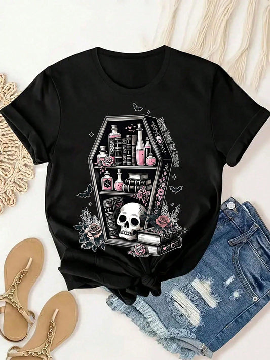 Plus Size Womens Skull Print T-Shirt Soft,Breathable Short Sleeve Tee With Gothic Coffin Design For Casual Outdoor Wear,Black,Fitness Apparel Soft Fabric Shirt Women Size L-3XL 4XL 5XL
