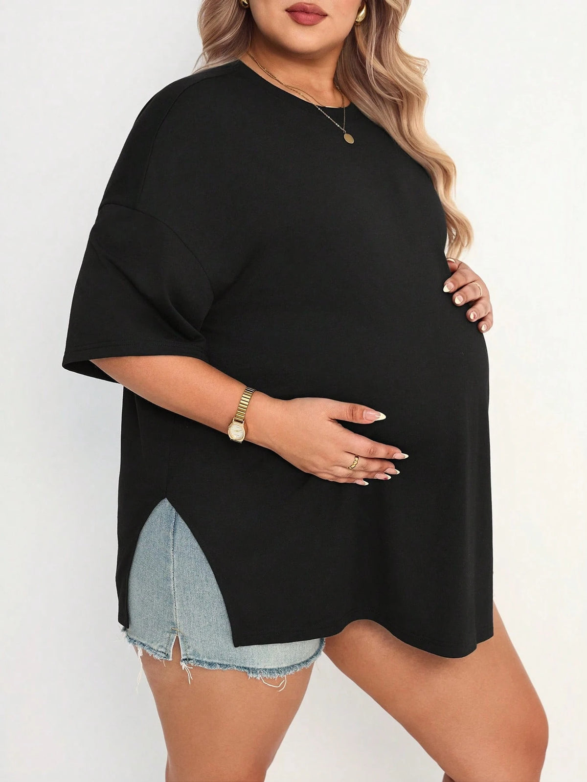 Plussiva Maternity Plus Size Solid Color Round Neck Loose Casual T-Shirt