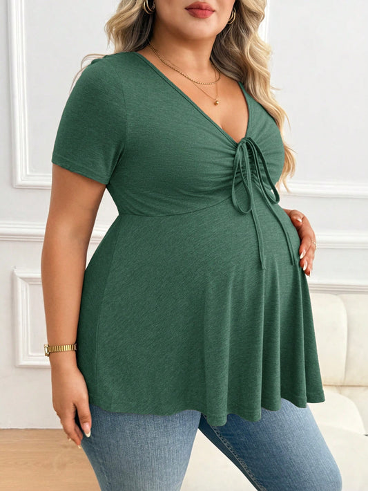 Plussiva Maternity Plus Size Solid V-Neck Short Sleeve Tie Front Casual Breathable Top