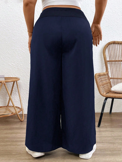Plussiva Plus Size Maternity Adjustable Waist Casual Loose Wide Leg Pants Fall