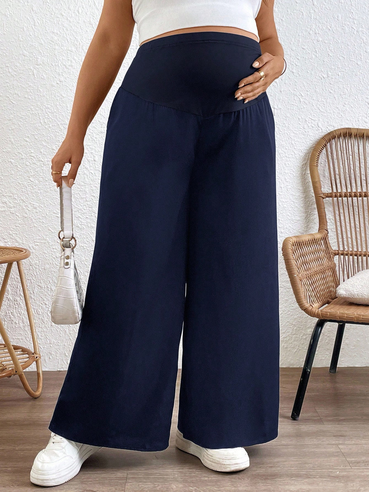 Plussiva Plus Size Maternity Adjustable Waist Casual Loose Wide Leg Pants Fall