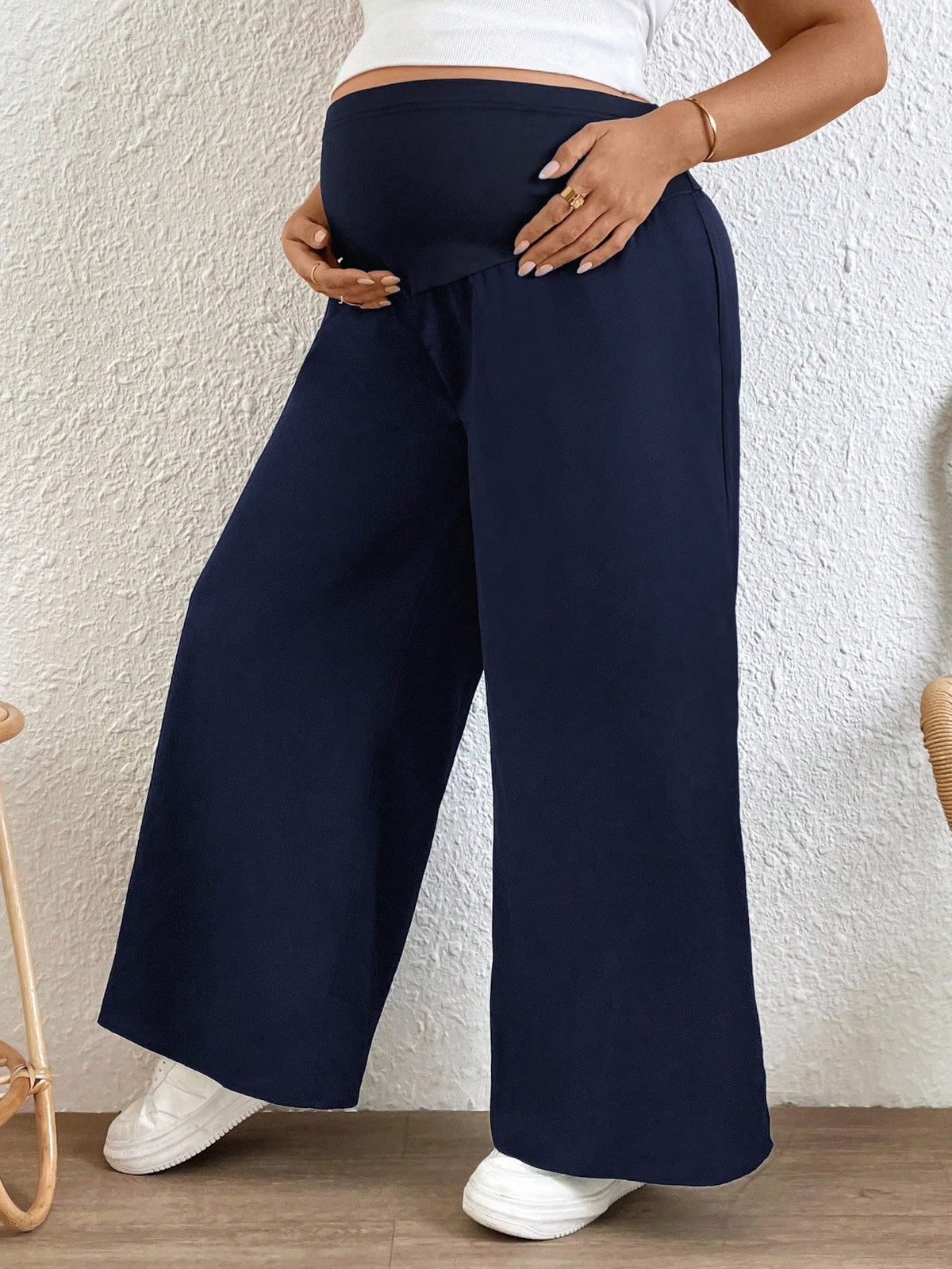 Plussiva Plus Size Maternity Adjustable Waist Casual Loose Wide Leg Pants Fall