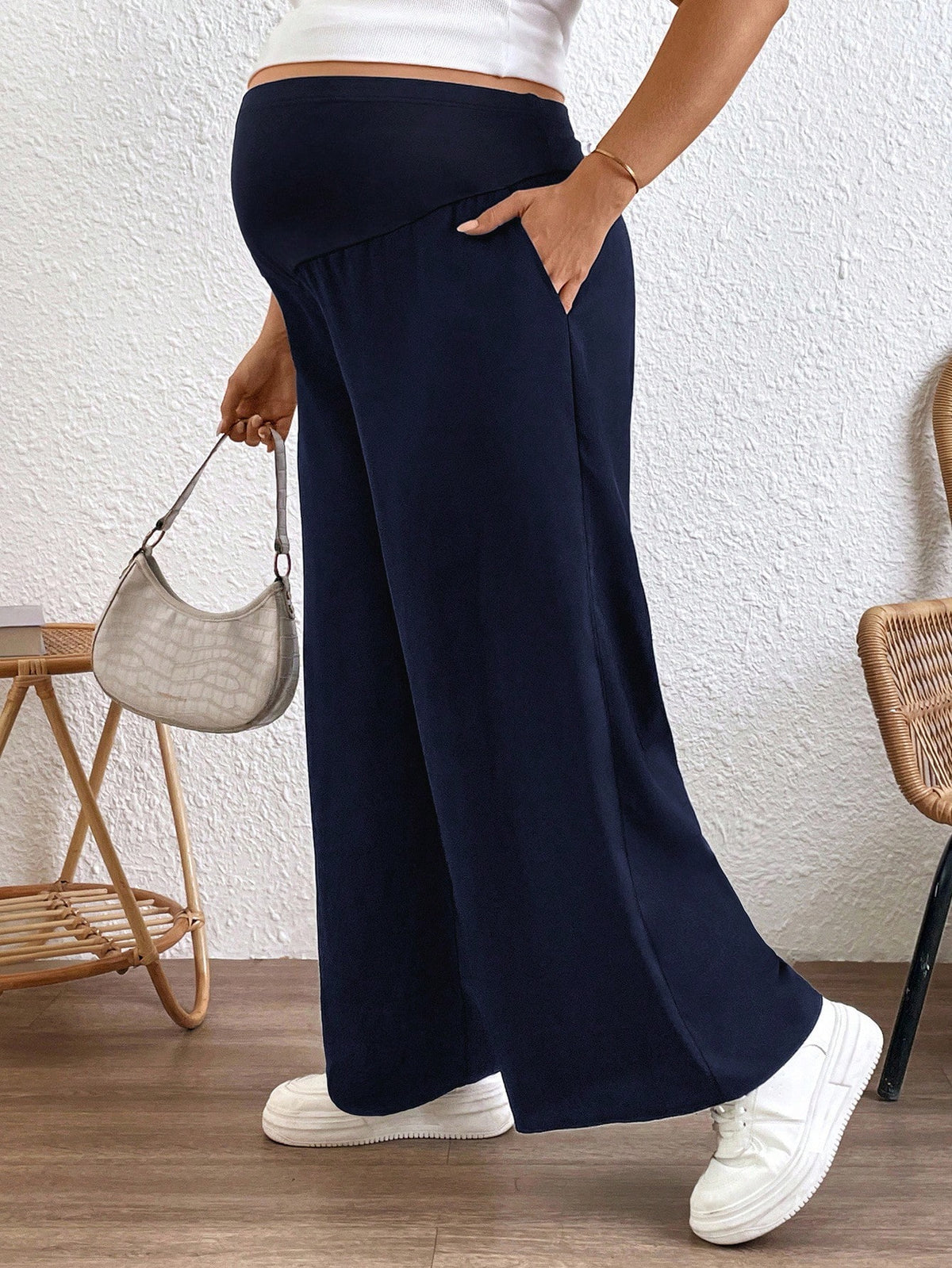 Plussiva Plus Size Maternity Adjustable Waist Casual Loose Wide Leg Pants Fall