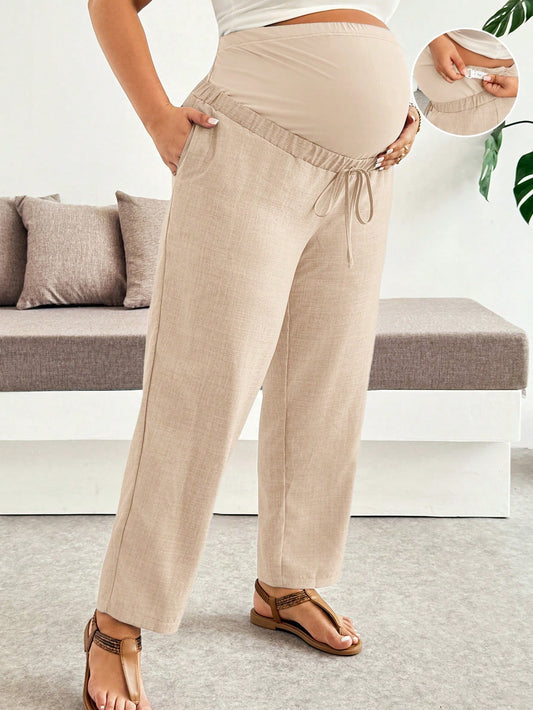 Plussiva Plus Size Maternity Adjustable Waistband Tie-Up Casual Vacation Long Pants With Pockets Gender Reveal Summer